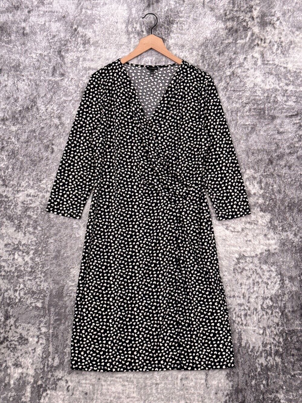 Talbots Dress Large Womens Black Stretch Fabric Cross Wrap Front 3/4 Sleeve